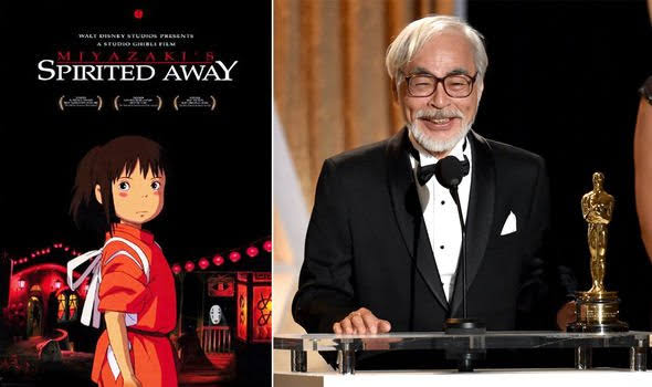 Poster Spirited Away dan Hayao Miyazaki dengan piala Oscarnya.